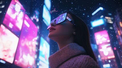 A woman in futuristic glasses gazes at vibrant city lights. Snowflakes fall around her, creating a magical winter scene.