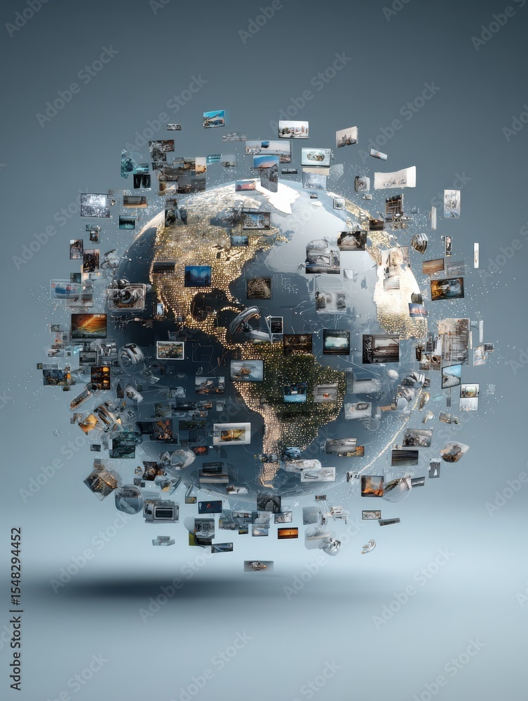 Poster abstract digital globe with global network connections and images of media content floating around i
