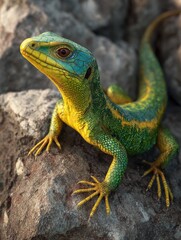 Obraz premium A green lizard with yellow markings, sitting on a rock, captured in a close-up view with a focused expression