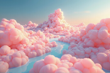 Fototapeta premium A large group of pink clouds floating in a body of water.