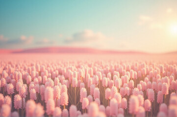 A field of pink flowers with a blue sky in the background.