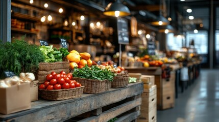 A colorful display of fresh produce in a rustic market, showcasing vibrant vegetables and fruits arranged in baskets, emphasizing wholesome and organic choices.