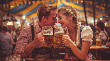 Happy couple wearing traditional clothes toasting with beer mugs at Oktoberfest in Germany