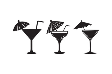 Tropical Cocktail Glass Silhouette Vector with Umbrella and Straw Summer Drink Icon Design