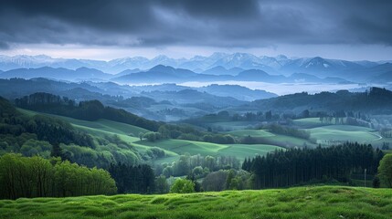 Fototapeta premium Stunning swiss alps lush valleys, scenic meadows, and snow capped peaks in switzerland