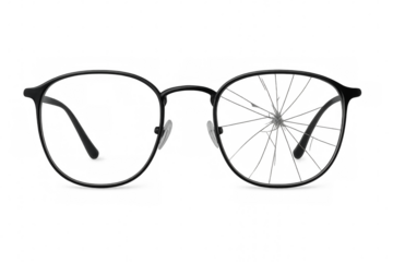 Broken eyeglasses with transparent background emphasizing fragility