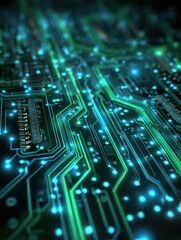 Futuristic Circuit Board Background with Glowing Blue and Green Digital Technology and Copy Space Backdrop