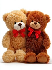 Obraz premium Two cute teddy bears, one golden and one brown, both wearing red bows, sit side by side, embodying warmth and friendship.