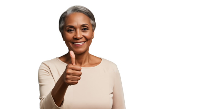 Smiling elderly woman giving thumbs up, isolated on white