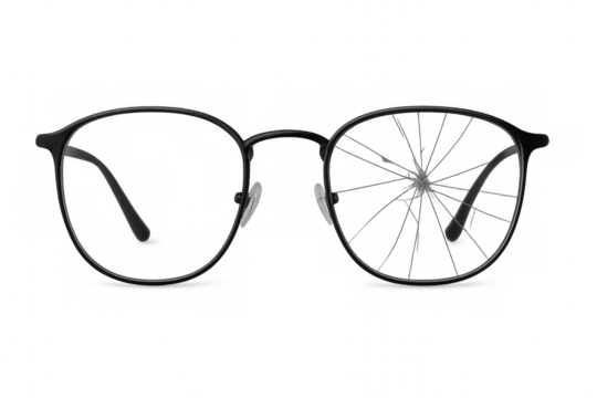 Broken eyeglasses with transparent background emphasizing fragility