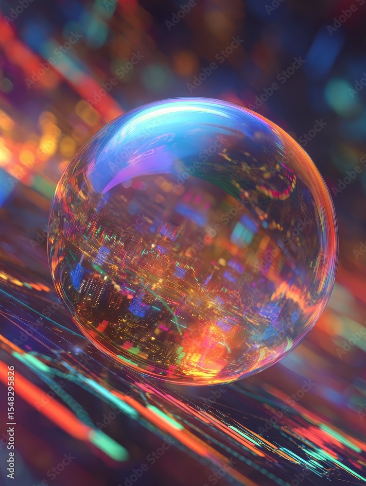 Poster a futuristic depiction of a bubble encapsulating stock market trends, set against a vibrant, abstrac