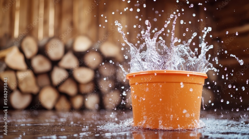 Poster this vibrant image captures the dynamic splash of water from an orange bucket, showcasing a playful 