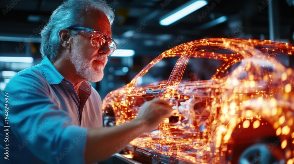 Poster an intriguing scene of an older designer meticulously working on a futuristic car model, blending te