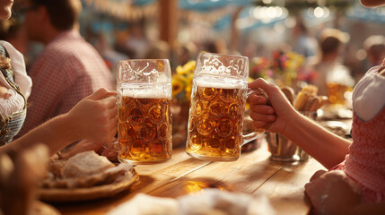 Women in dirndl dresses clinking oversized beer steins, enjoying festive Oktoberfest atmosphere in Bavaria