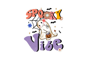 Spooky vibe ghost with candy bucket isolated on transparent background
