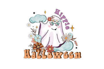 Naklejka premium Hippie halloween with ghost and flowers isolated on transparent background