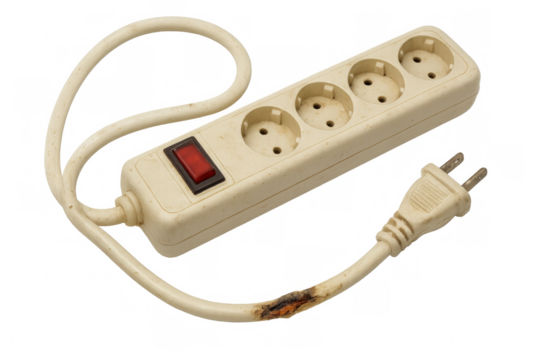 Old damaged extension cord showing potential fire hazard on transparent background