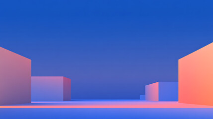 Abstract geometric landscape of cubes with pink and orange gradients against a vibrant blue background. Modern, minimalist composition.