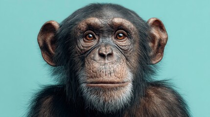 Chimpanzee portrait against teal background