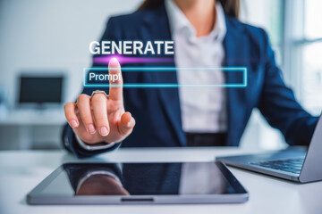 A business professional uses a digital interface to generate prompts, pointing at a transparent screen. Nearby, a laptop and tablet reflect a modern workspace, emphasizing innovation.