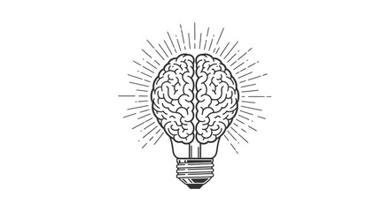 Line Art Illustration of a Human Brain Shaped Like a Light Bulb with Rays