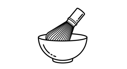Line Art Illustration of Matcha Whisk in Bowl:  A simple black line drawing of a traditional Japanese matcha whisk resting inside a bowl, ready for use.