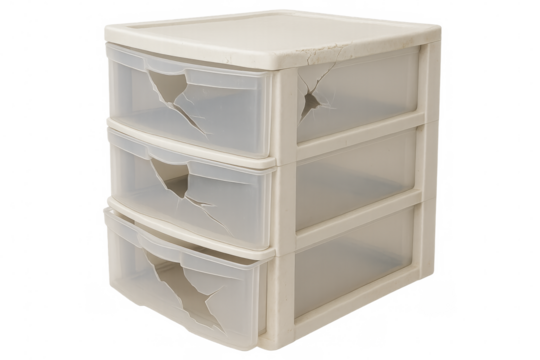 Broken three drawer plastic storage cabinet on transparent background