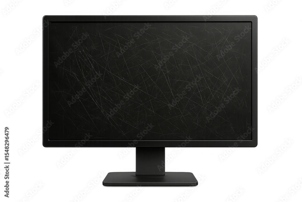 Poster realistic black monitor showing scratched screen on transparent background