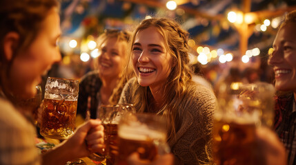 Group of friends toasting with beer mugs during Oktoberfest celebrations in Munich, Germany
