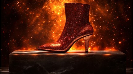 Sparkling red boot on fiery pedestal