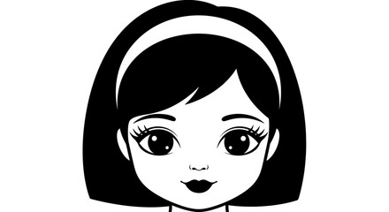 Black and White Cartoon Girl Face with Big Eyes and Headband
