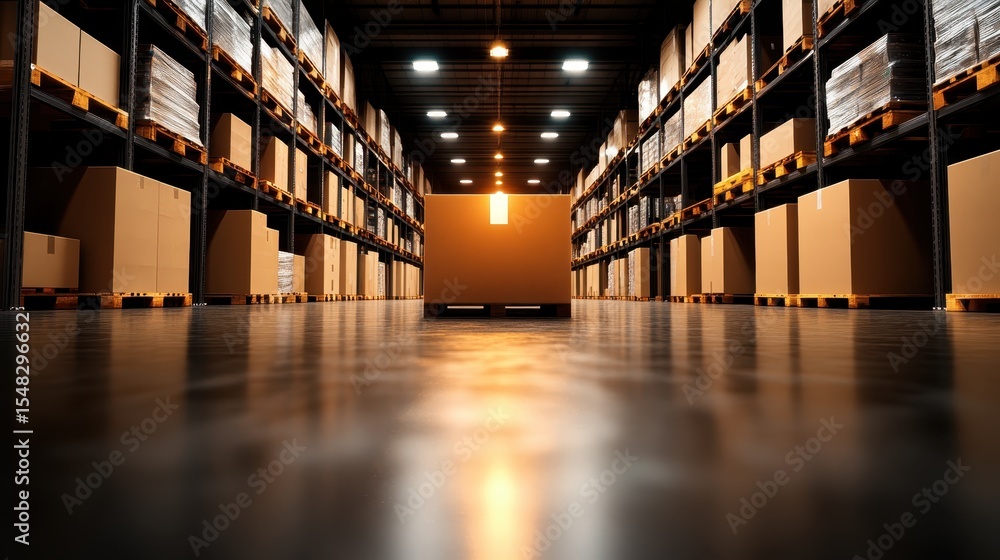 Poster a spacious warehouse filled with neatly organized storage boxes on multiple shelving units, providin