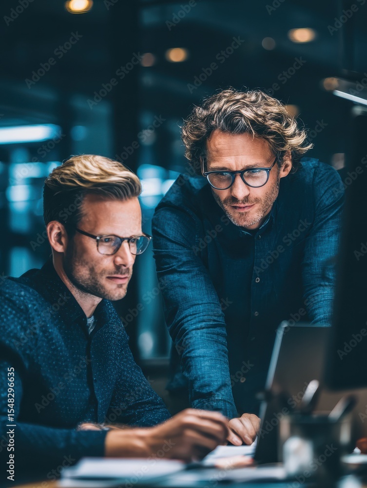 Poster two men sitting at a desk, discussing cybersecurity strategies on a computer, a cybersecurity consul