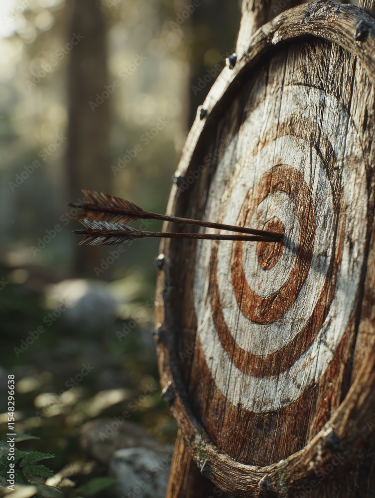 Poster a close-up of a wooden target with an arrow embedded in the center, surrounded by a blurred forest b