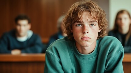 Fototapeta premium A young man sitting in a classroom appears deep in thought, reflecting on his studies or experiences, surrounded by a calm environment encouraging introspection and learning.