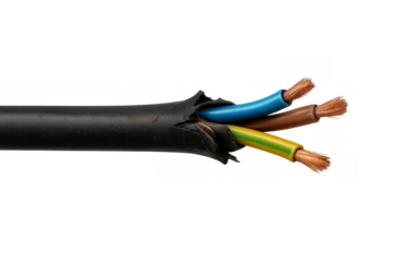 Damaged electrical cable exposing copper wires on transparent background
