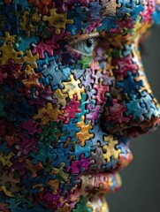 Fototapeta premium Close-up of a boy's head. Multi-Coloured jigsaw puzzle pieces cover the top of the head. Autistic theme