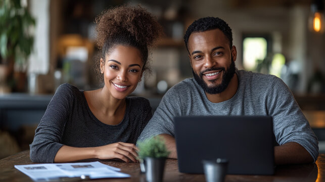 A couple sitting at a table with financial documents, laptop open to retirement plan website, smiling and discussing, natural light from window, wide shot, photo realistic, good looking eyes.