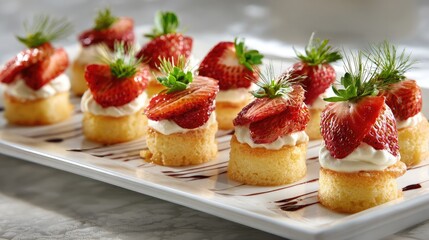 Mini strawberry cakes arranged in rows on a serving tray with decorative sprigs