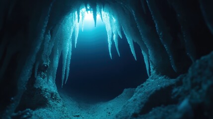 An enchanting view of a cave illuminated by light, showcasing stunning ice stalactites that create a serene, mystical atmosphere, perfect for adventure and exploration themes.