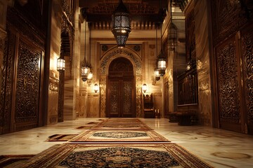 Islamic Prayer Room Interior with Ornate Wood Carvings