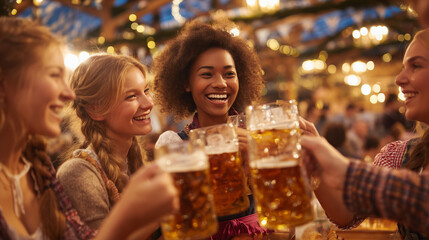 Cheerful multi-ethnic friends wearing traditional Bavarian dresses are toasting with large beer mugs at Oktoberfest, Munich
