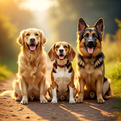 a group of dogs on a dirt road, three dogs sitting together, golden retriever, beagle, german shepherd, outdoors, sunlight, warm colors, highly detailed, intricate, photorealistic.