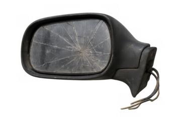 Broken wing mirror hanging showing exposed wires on transparent background