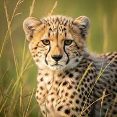 Cheetah, close-up, portrait, detailed fur texture, intense eyes, natural background, depth of field, wildlife photography
