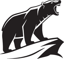 Dynamic roaring bear standing on an angular rock, bold minimalist style. Ideal for survival gear branding, outdoor apparel designs, and predator wildlife illustrations.