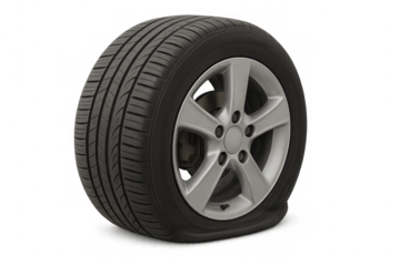 Flat tire deflated and punctured on transparent background