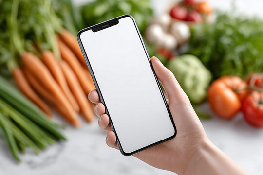 A hand holding a smartphone over a variety of fresh vegetables