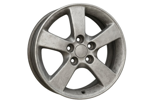 Old scratched car alloy wheel rim isolated on transparent background