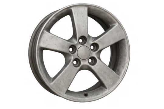 Old scratched car alloy wheel rim isolated on transparent background